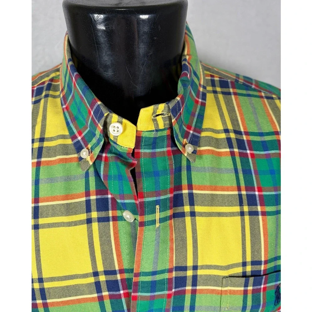 Polo Ralph Lauren Mens Classic Fit Button Down Shirt Yellow Green Plaid Size XL